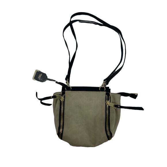 NWT Poverty Flats Beige Black Faux Leather Zippered Purse Shoulder Bag Women's - Picture 1 of 7